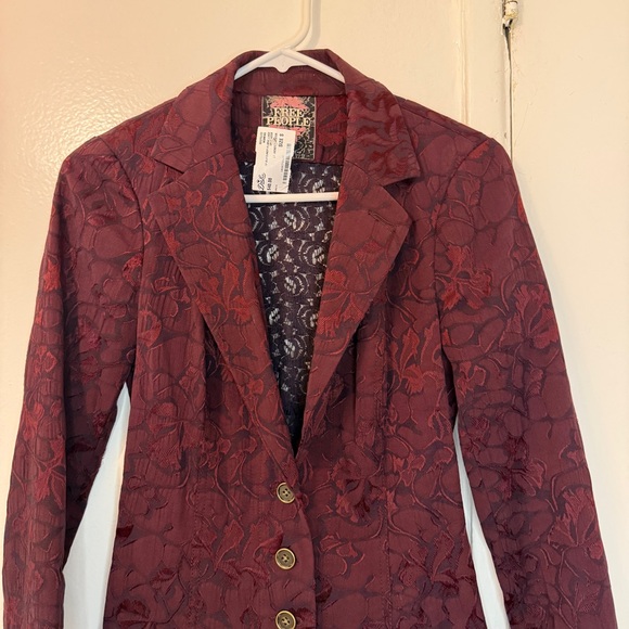 Free People Burgundy Floral Jacquard Blazer Lace Up Back Victorian Boho Jacket - Picture 2 of 5